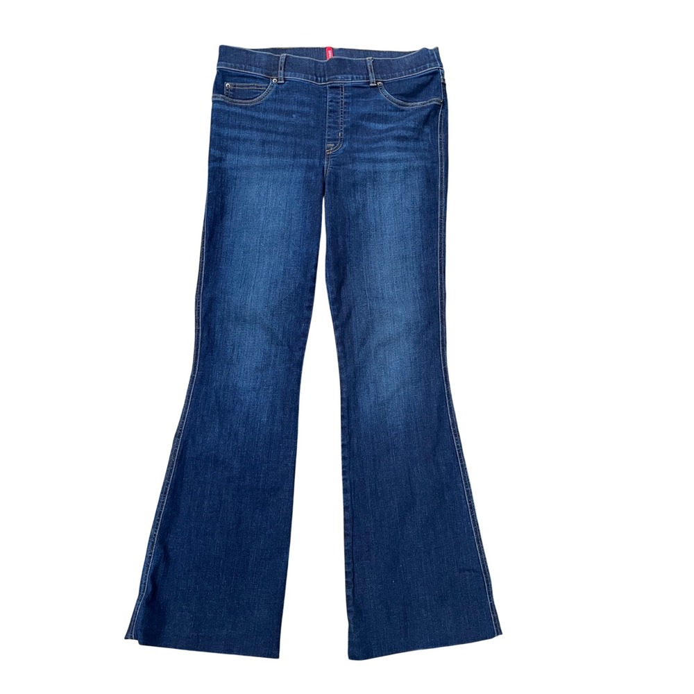 SPANX Women's Dark Wash Denim Flare Leg Pull-On‎ Jeans Size Large  *Hemmed*